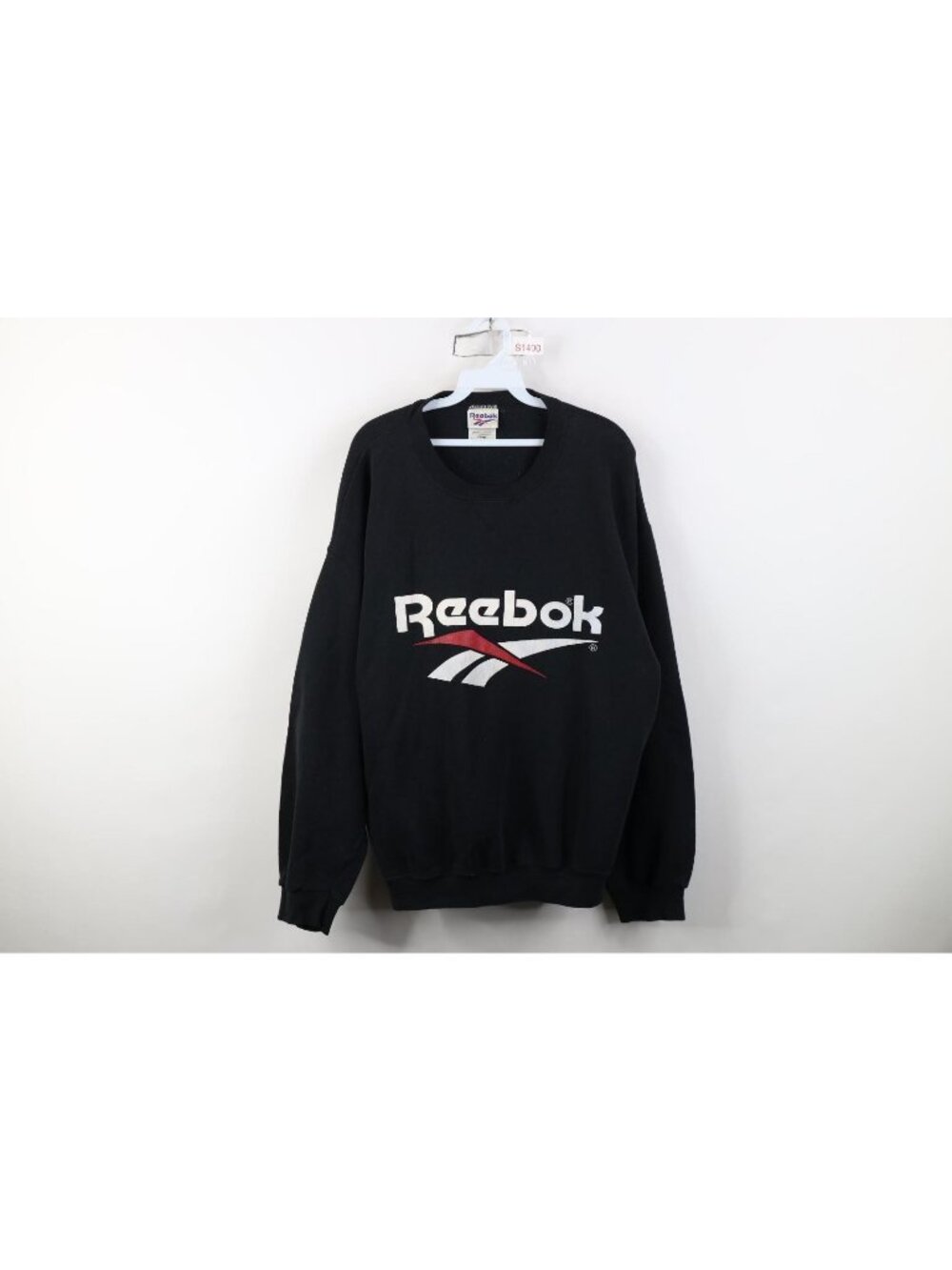 Vtg 90s Reebok Mens XL Faded Spell Out Jumbo Logo Crewneck Sweatshirt Black USA